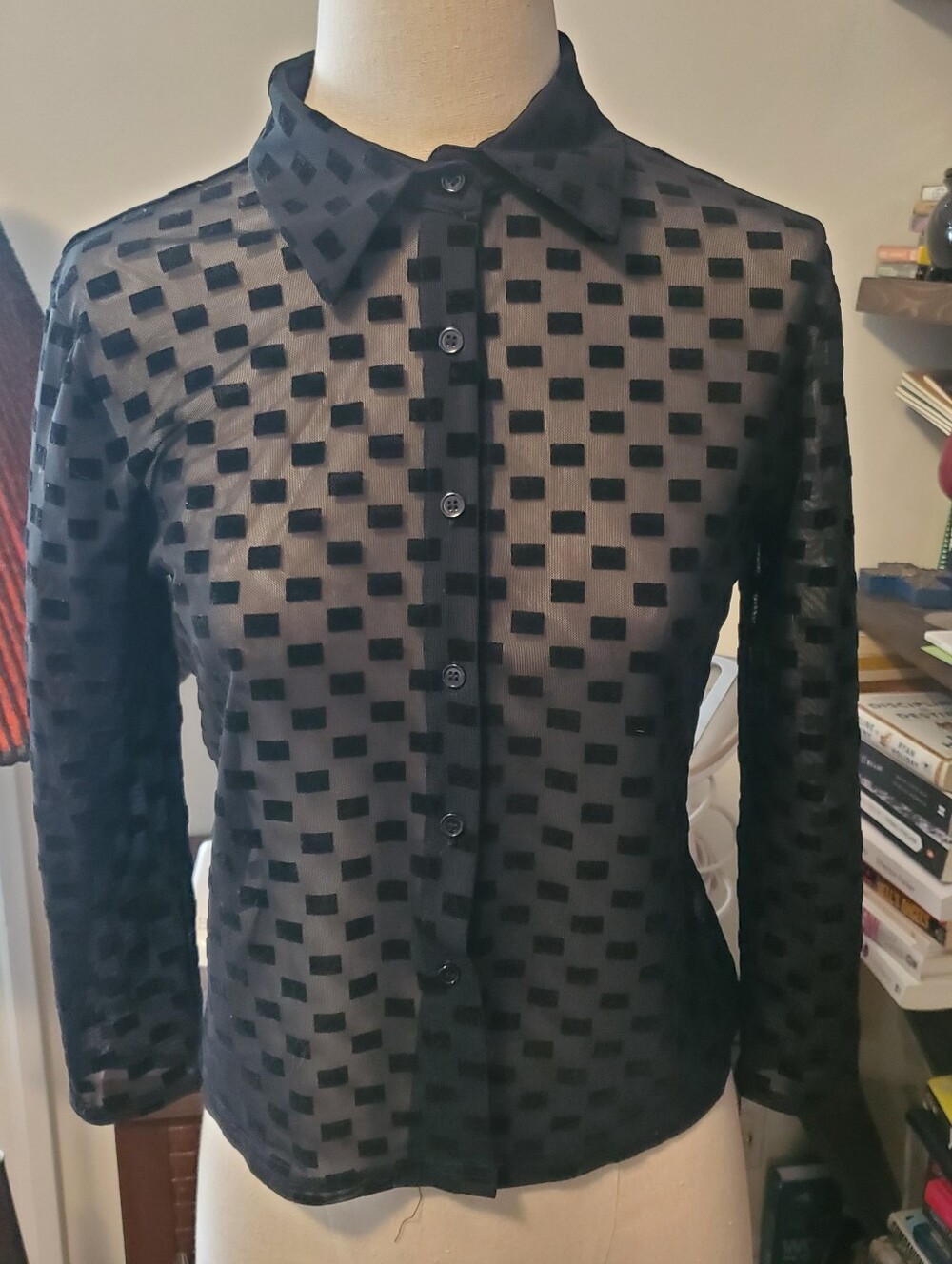 Goth Vintage 90s Y2K Sheer Velvet Classic Vamp Black Geometric Button-Up Blouse